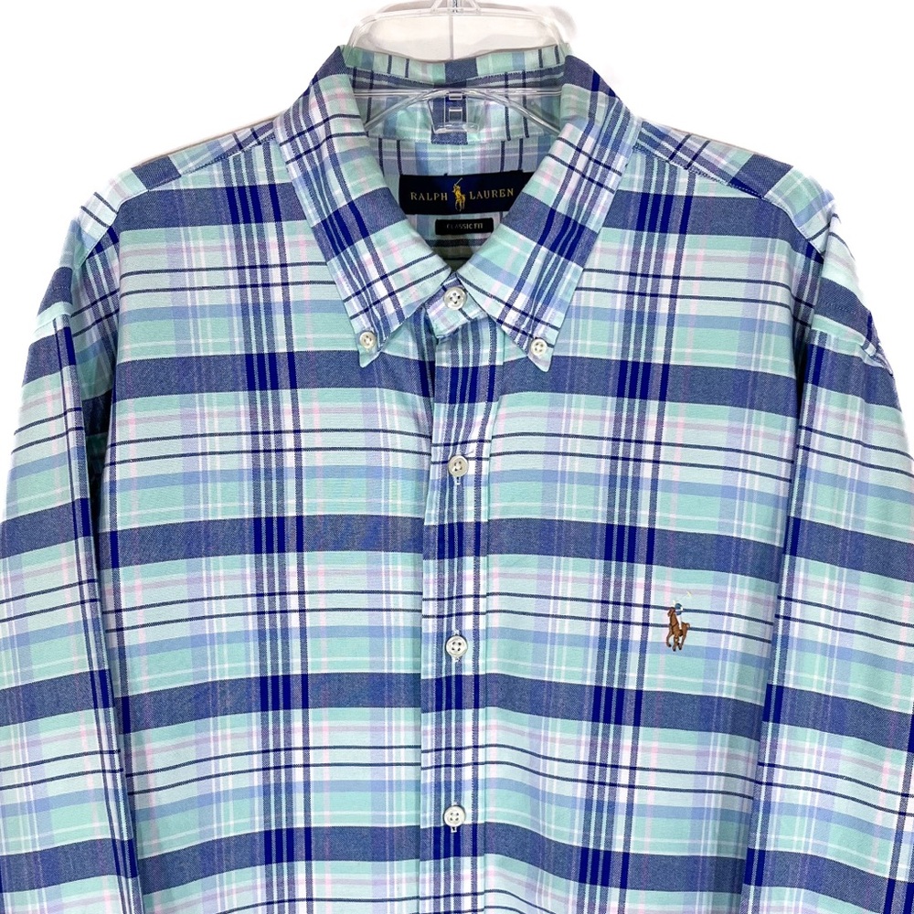 Polo Ralph Lauren Button Down Shirt Men Large Plaid Preppy Blue Pink Summer EUC